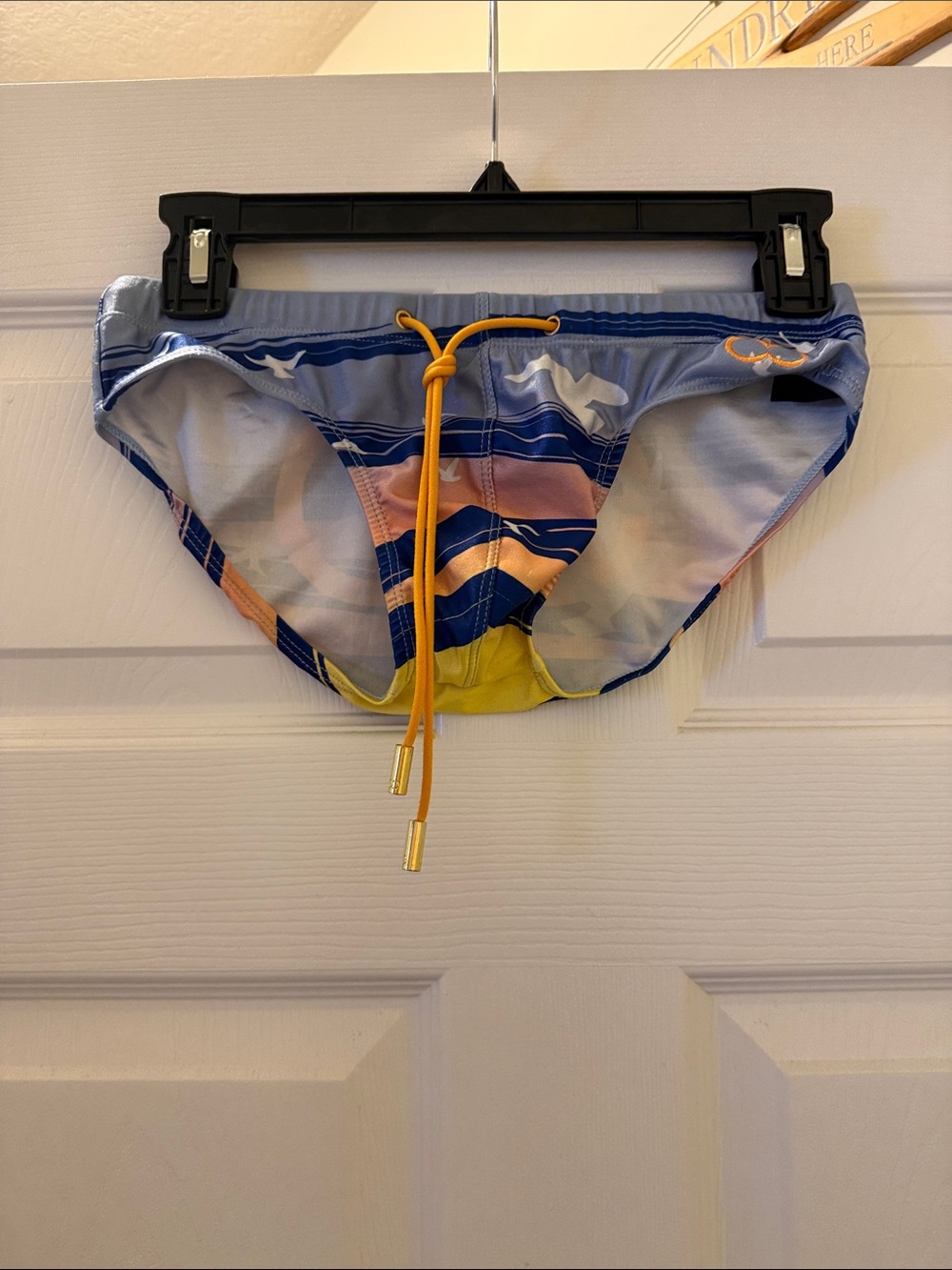 Men's Multicolor Stripe Swim Trunks with Yellow Drawstring EUC
